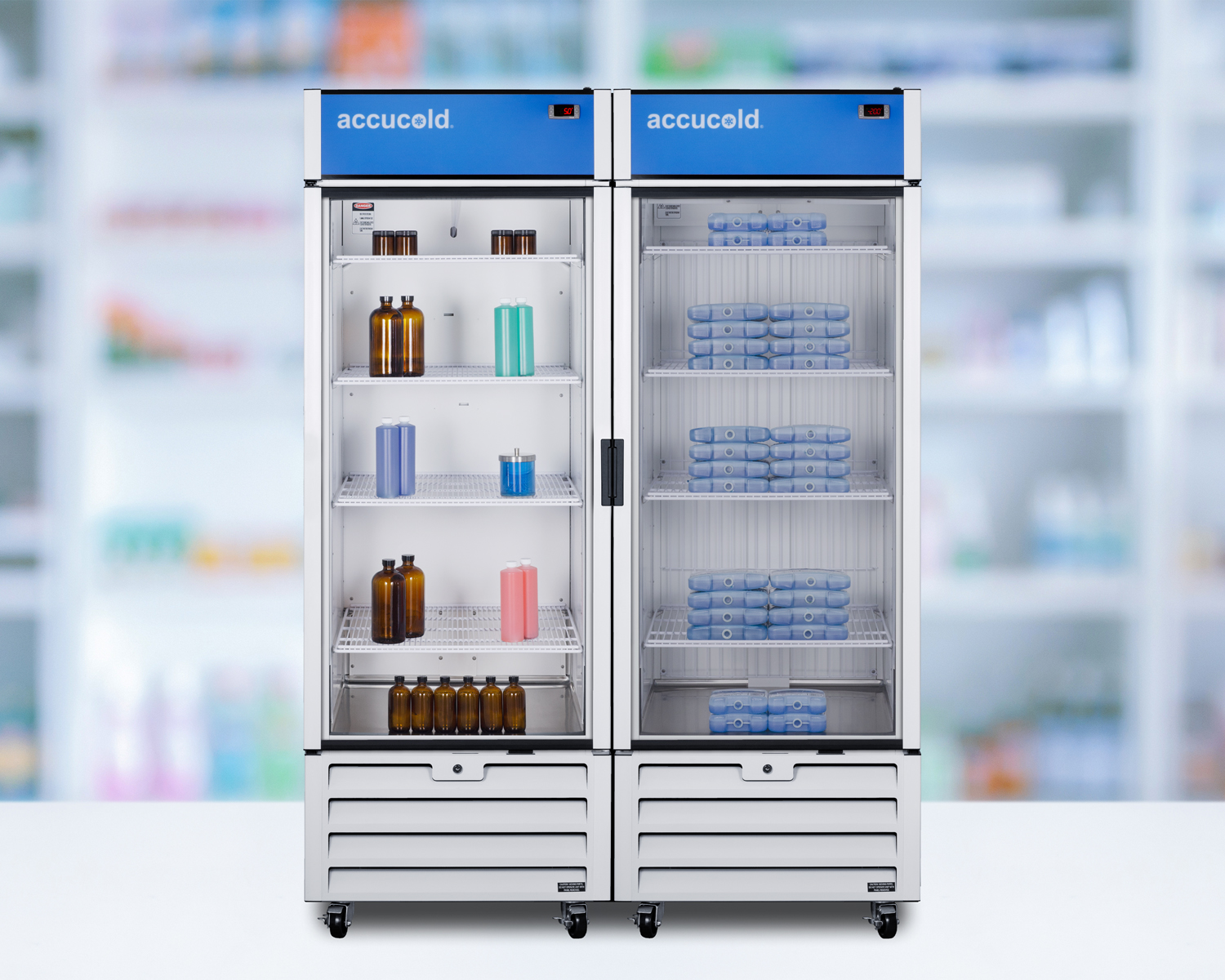 21.34 cu.ft. general purpose healthcare all-freezer with self-closing glass door, front lock, and white cabinet